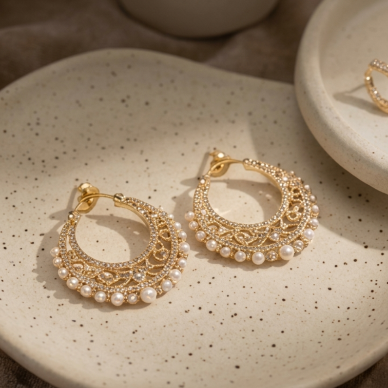 Elegant Golden Floral Chandbali Earrings